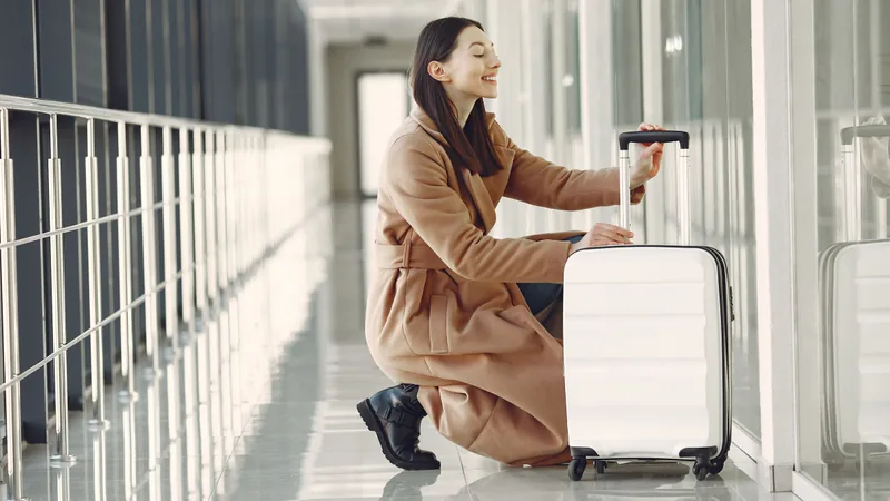 A traveller with a suitcase in a sunlit airport corridor.